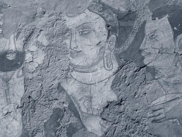 Buddha with two disciples in pigments on mud plaster from Metropolitan Museum of Art, New York